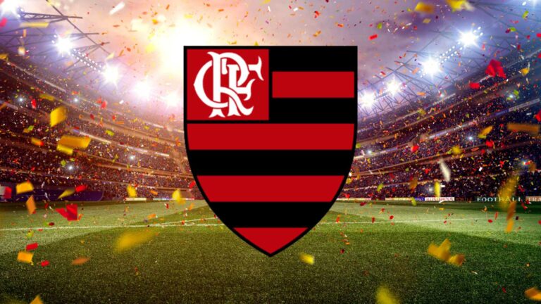 Logotipo do Flamengo com estádio de futebol ao fundo