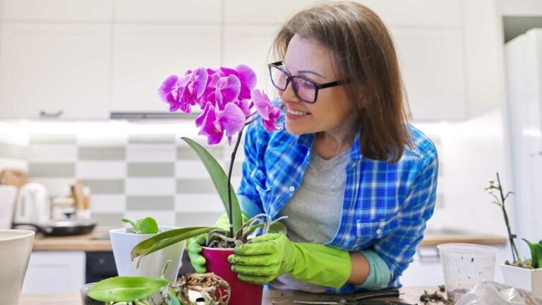 Mulher de óculos segurando vaso de orquídea sorrindo